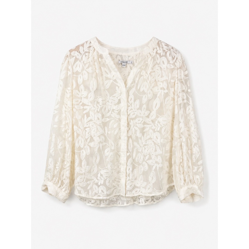 Chico's Ivory Embroidered Sheer Floral Blouse Size 2 (US 12) Boho Top 3/4 Sleeve